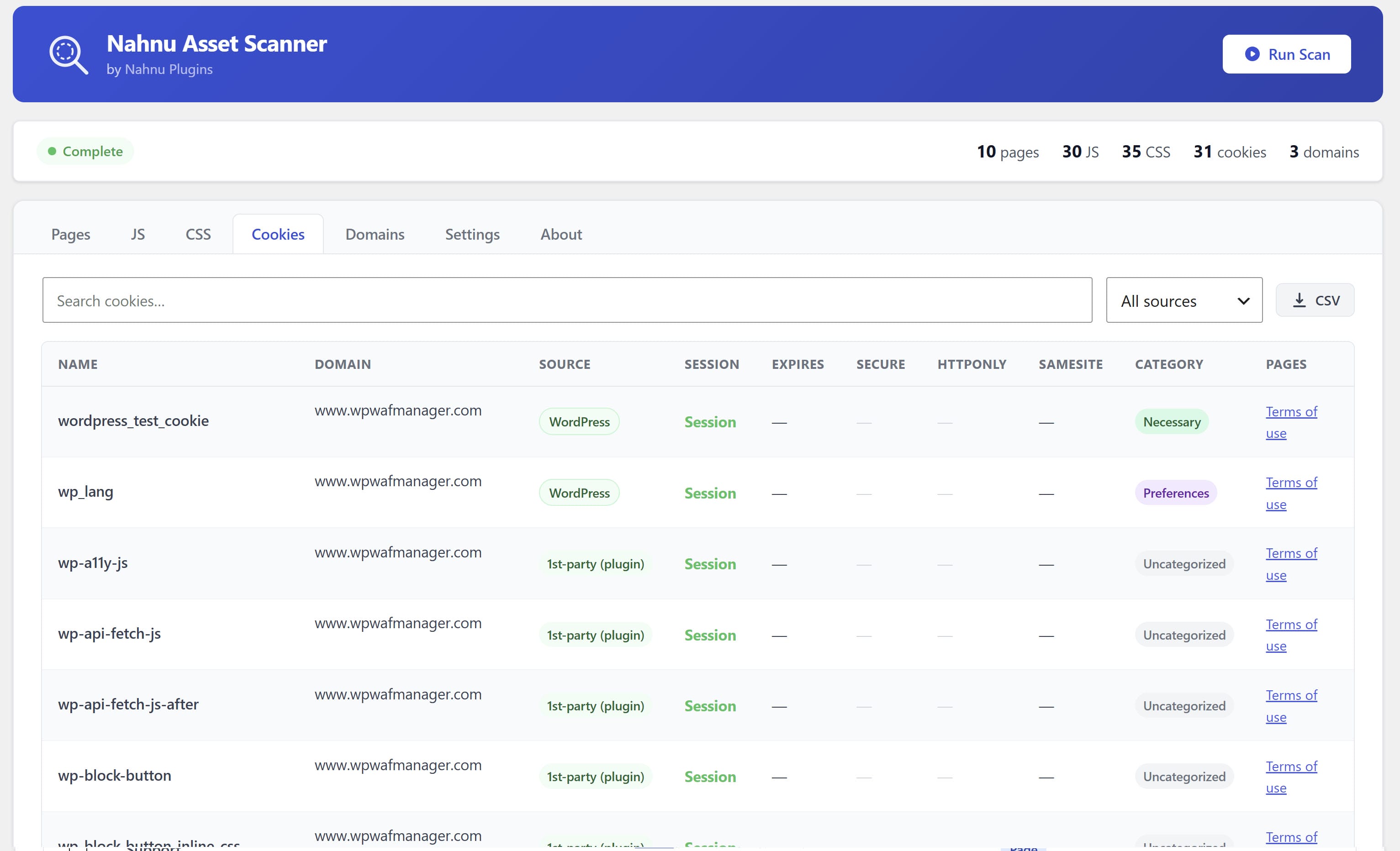 Asset Scanner cookies tab showing categorized cookie results