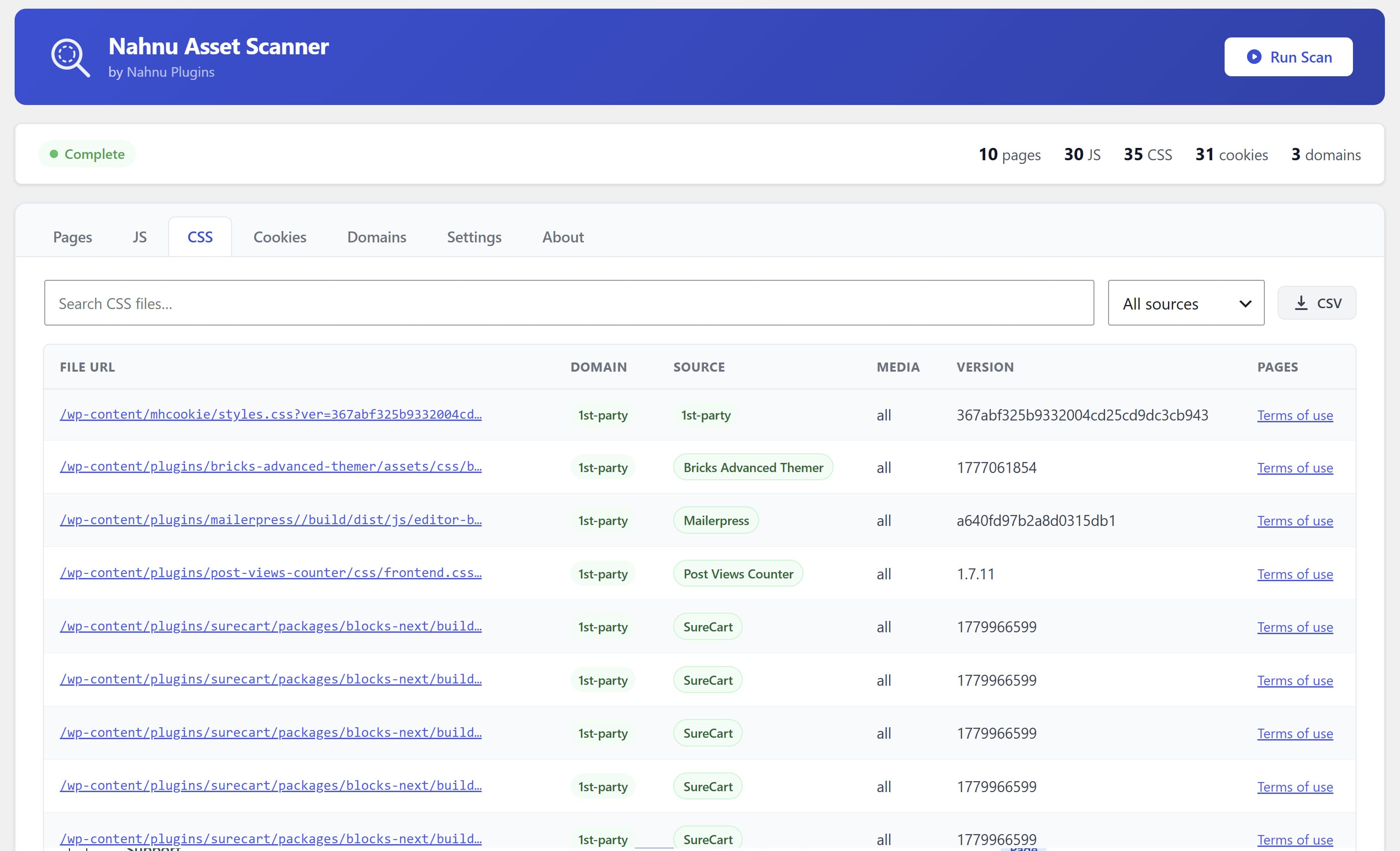 CSS tab showing all stylesheets with file size and plugin attribution