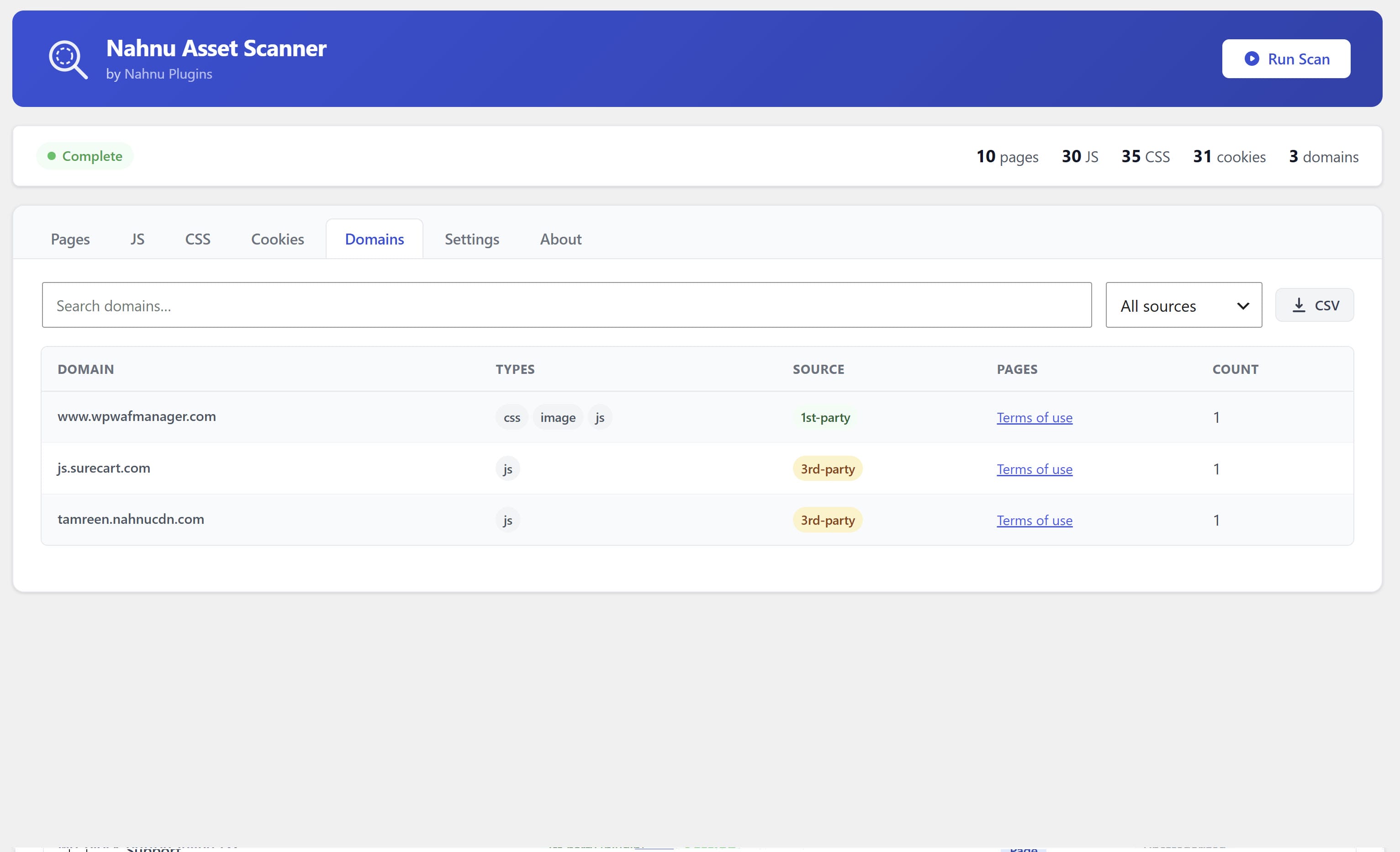 Domains tab showing third-party domains detected during scan