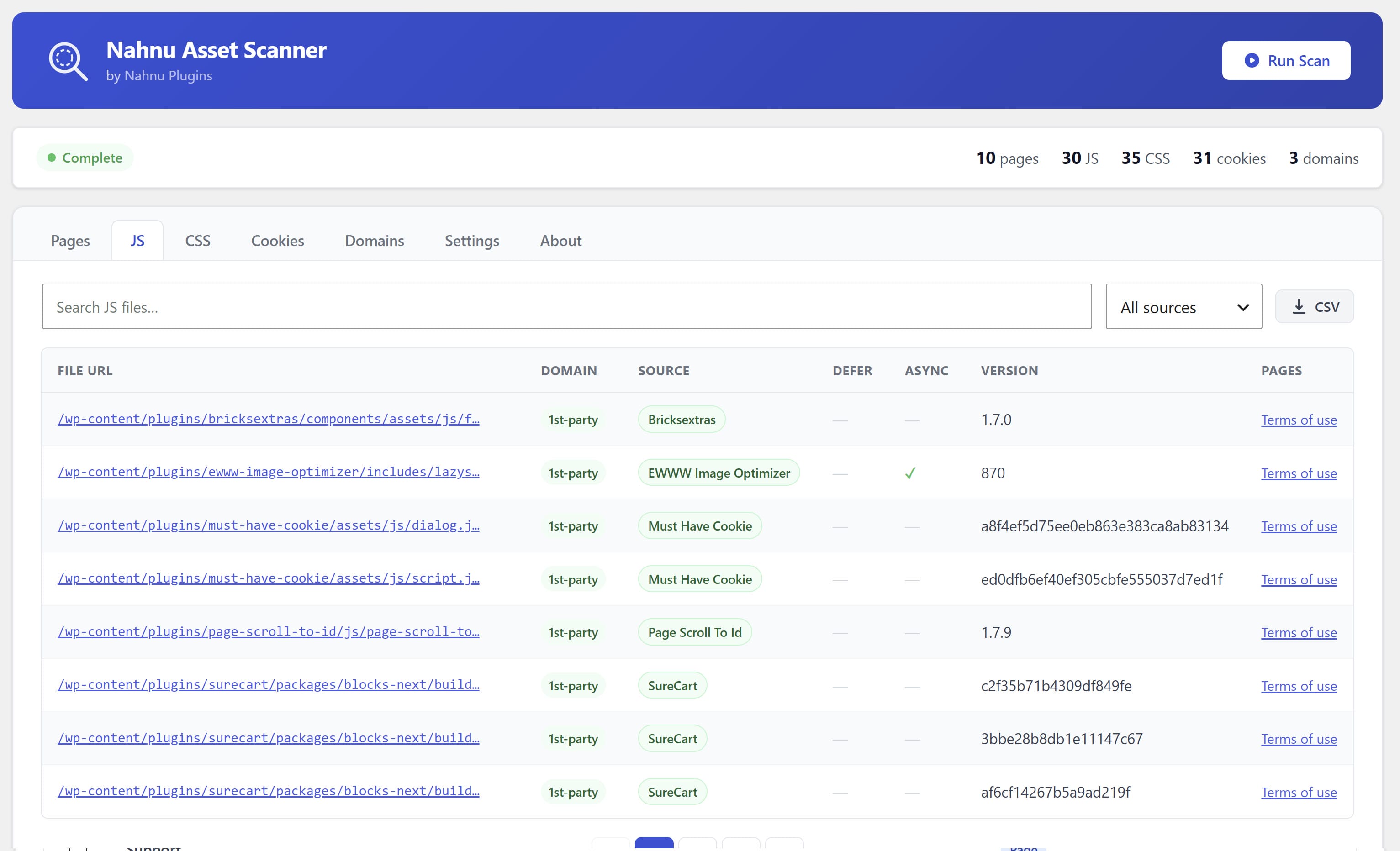 JavaScript tab showing all scripts with plugin attribution