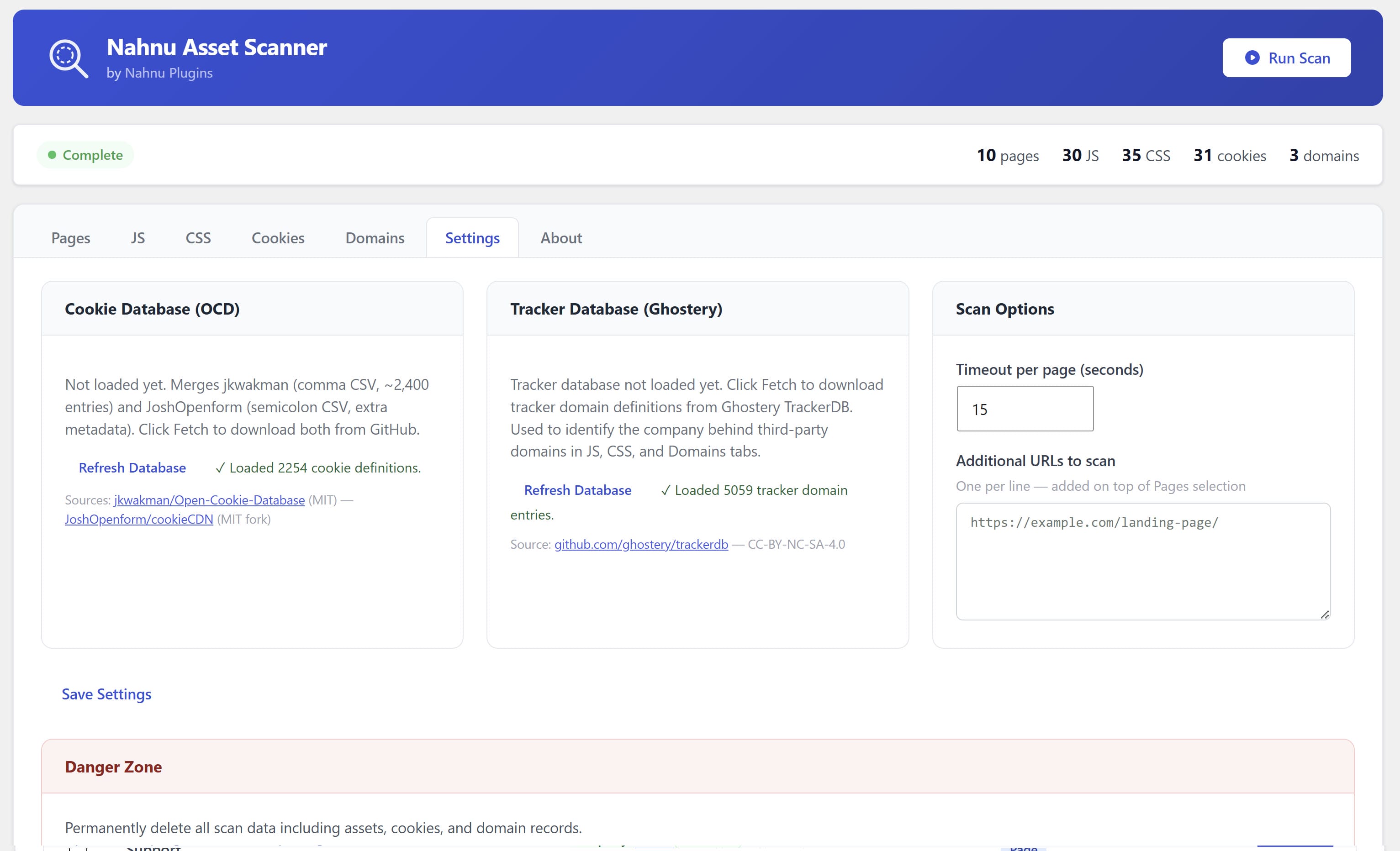 Asset Scanner settings tab showing cookie database options